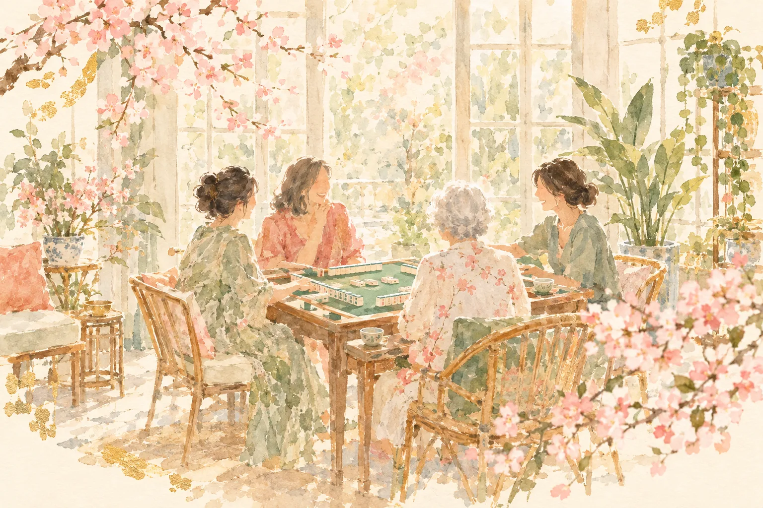 Watercolor of four women laughing around a mahjong table in a sunroom full of plants and blossoms