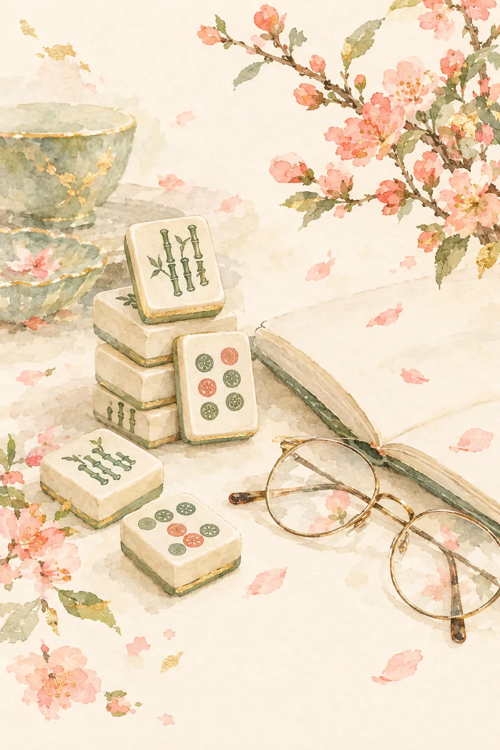 Watercolor still life of mahjong tiles, an open notebook, reading glasses, and blossoms