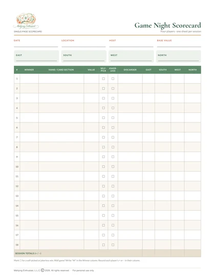 Preview of the Single-Page Scorecard: a four-player game night scorecard with 18 hands and session totals