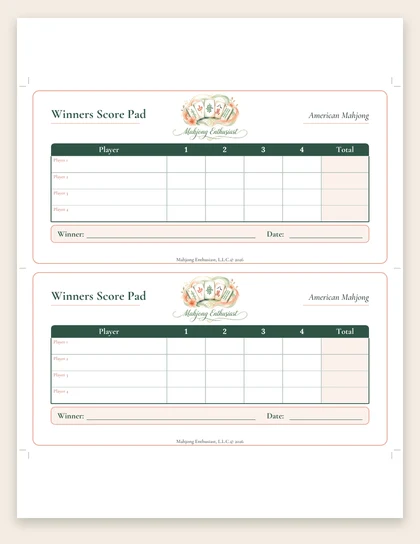 Preview of the Winners Score Pad printed two per US Letter sheet, with crop marks for trimming