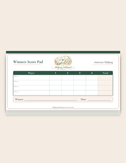 Preview of the Winners Score Pad: an 8 by 4 inch pad page with the Mahjong Enthusiast logo, a four-player table with game columns 1 to 4 and Total, and lines for the winner and date