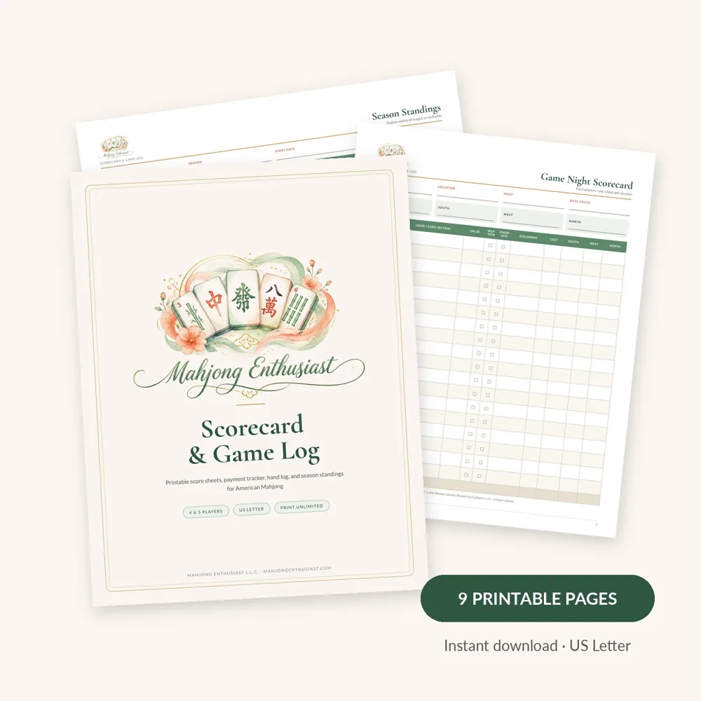 Cover and scorecard pages of the Mahjong Enthusiast Scorecard and Game Log