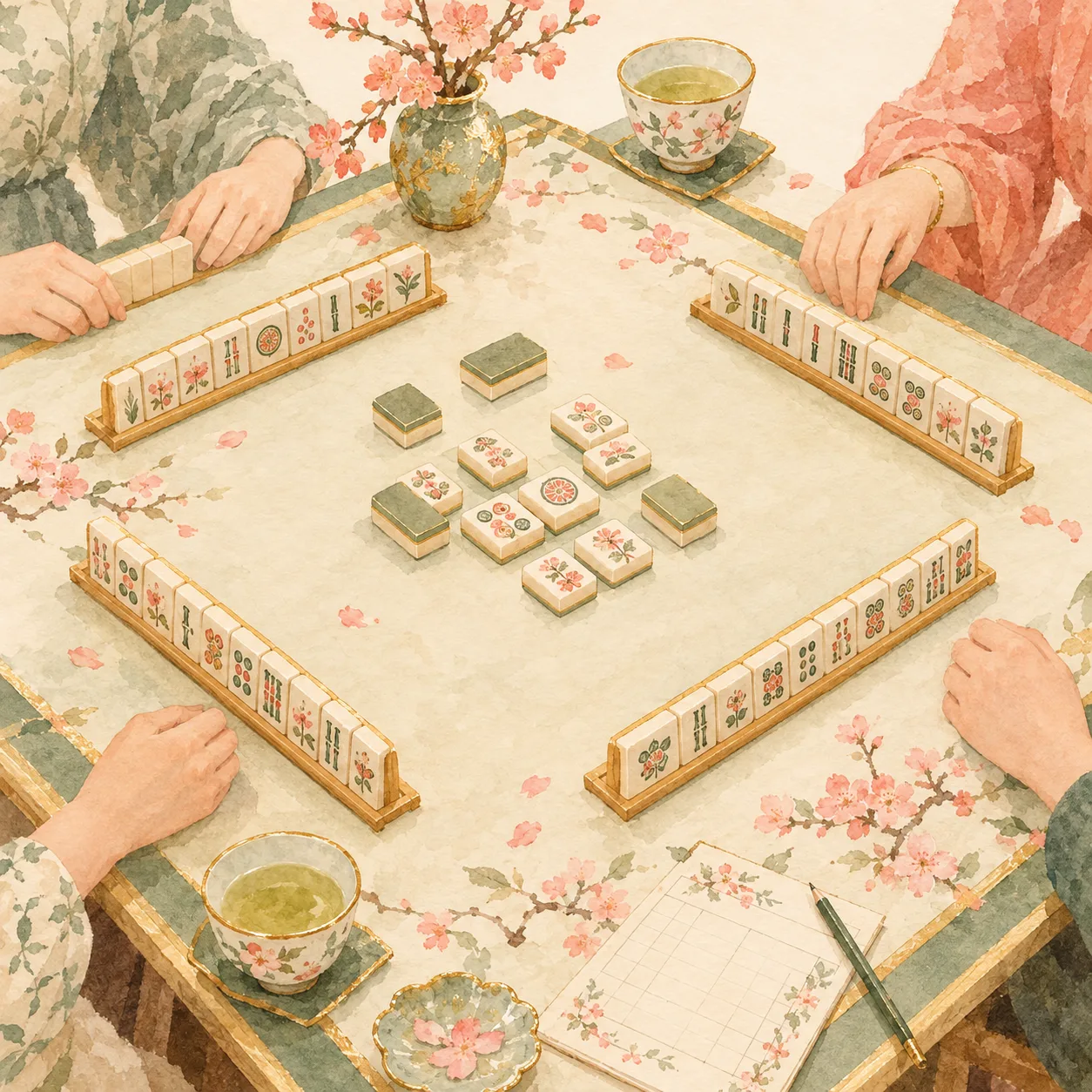 Watercolor of an American Mahjong table from above, with tile racks, teacups, a scorecard, and cherry blossoms